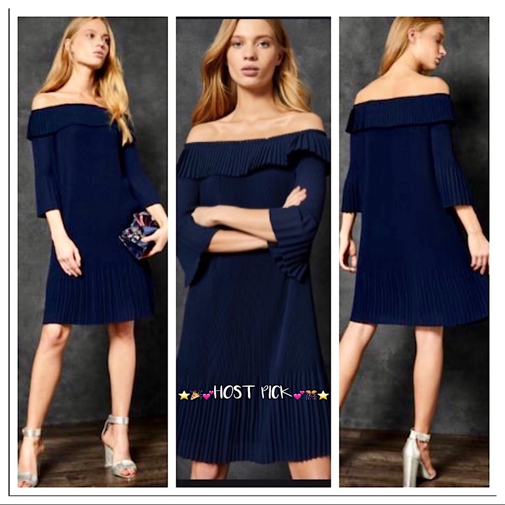 🎉HP NWT Sz6 “Francies Bardot” Ted Baker London Pleated Dress Shoulder Neckline